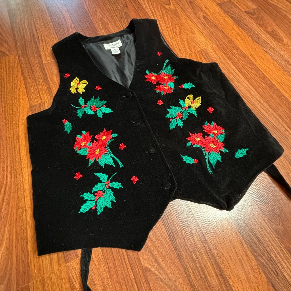 Westbound Black Vest with Red and Green Floral Embroidery